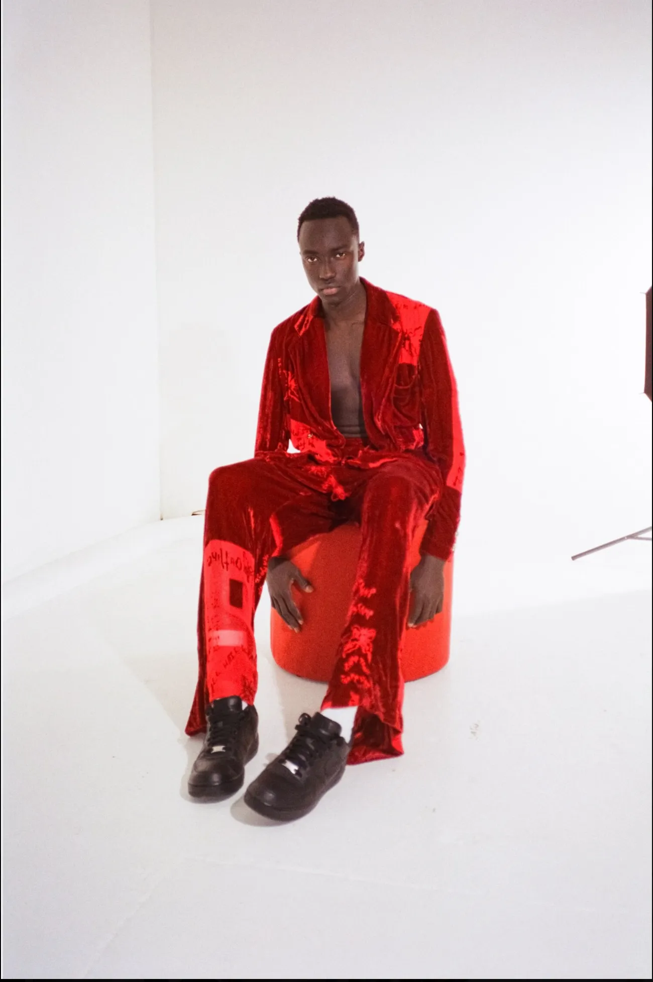 Uminori Atelier X RAMP TRAMP TRAMP STAMP Red Velvet Blazer and Pant Set (For Hire)