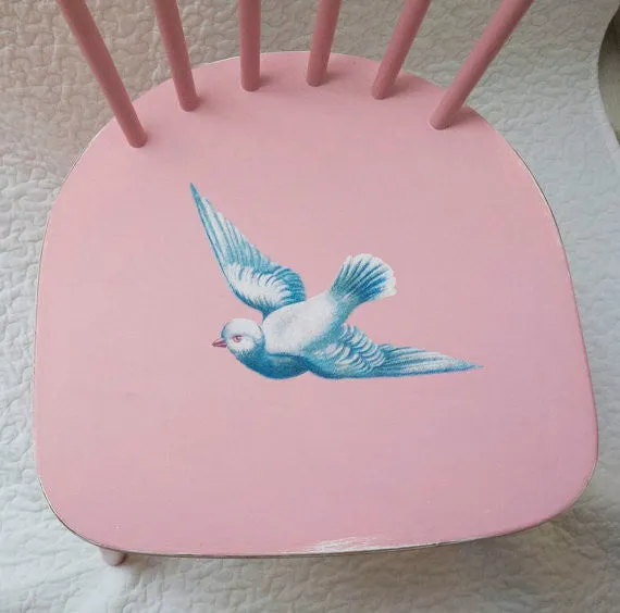 Upcycled baby pink wooden children's heirloom nursery chair with vintage dove design by Emily Rose Vintage