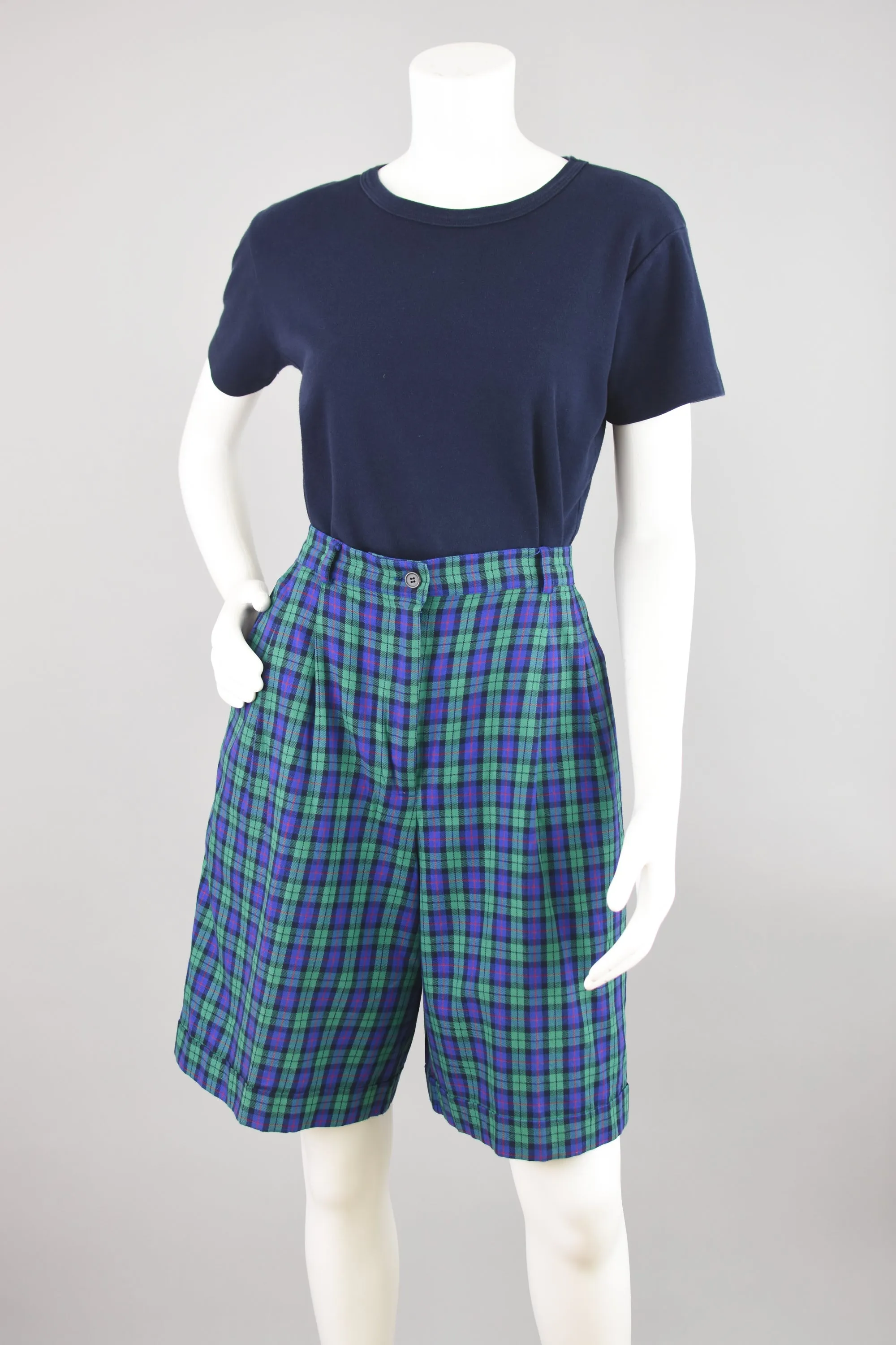 Vintage Talbots Blue Pleated Plaid Bermudas, Women's Size 8, 28" Waist