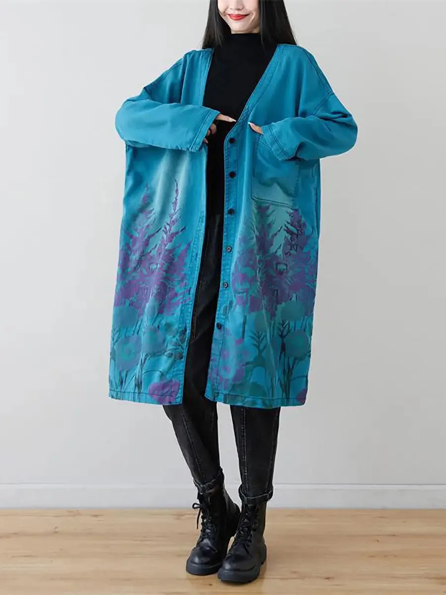 Women Flower Print Long Coat