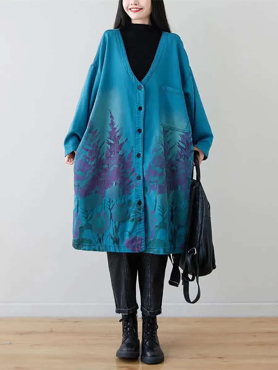 Women Flower Print Long Coat
